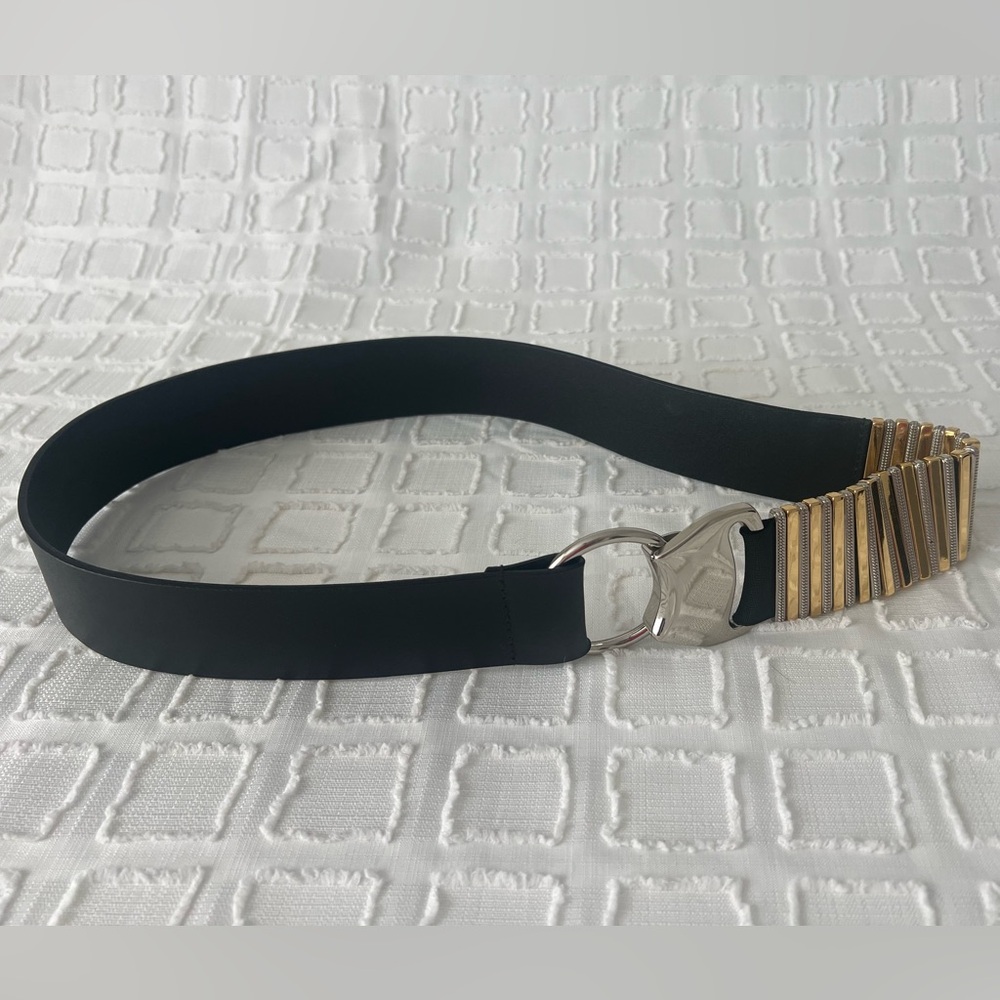 Chicos Vintage Black Genuine Leather Metal Interlocking Gold Silver Buckle M L
